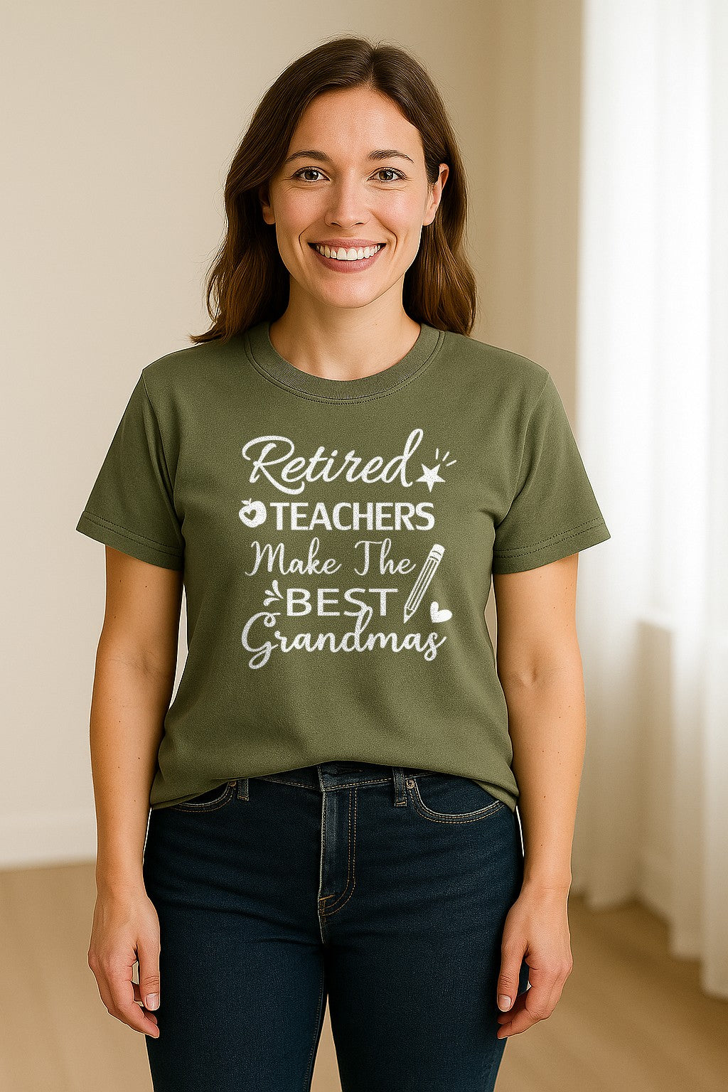 Retired Teacher Grandma Comfort Colors T-Shirt, Script Quote with Pencil and Apple Accents for Retirement Parties