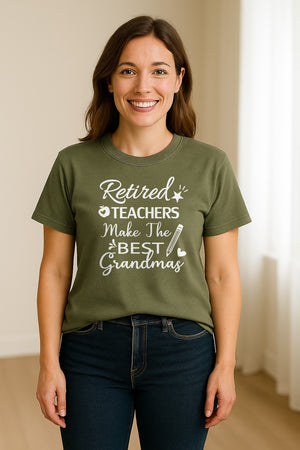 Retired Teacher Grandma Comfort Colors T-Shirt, Script Quote with Pencil and Apple Accents for Retirement Parties