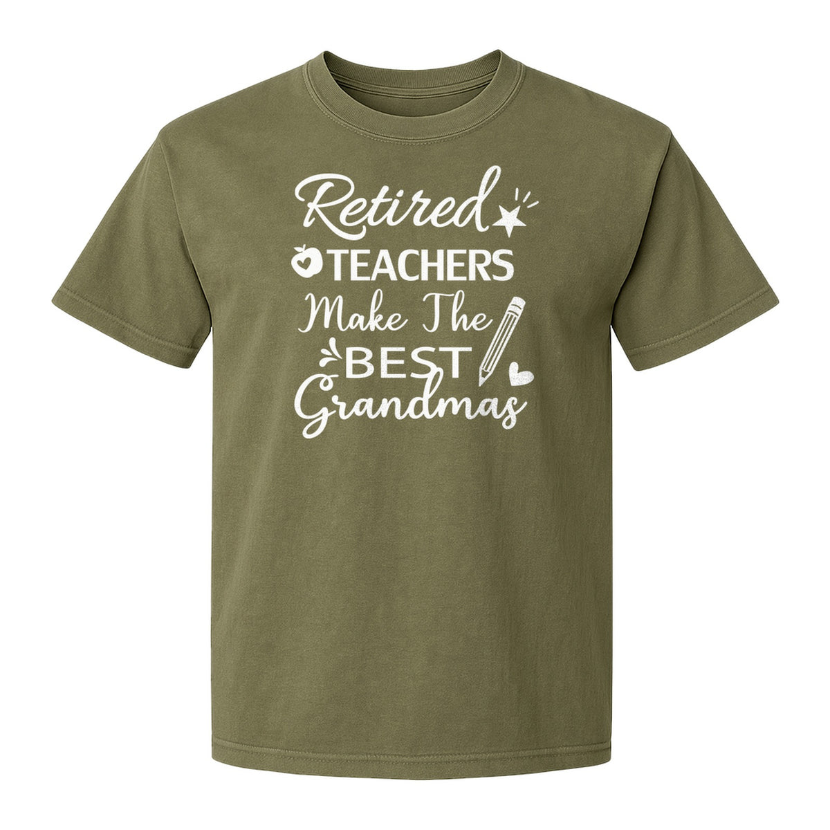 Retired Teacher Grandma Comfort Colors T-Shirt, Script Quote with Pencil and Apple Accents for Retirement Parties