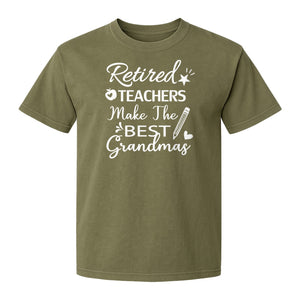 Retired Teacher Grandma Comfort Colors T-Shirt, Script Quote with Pencil and Apple Accents for Retirement Parties