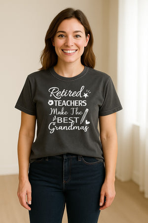 Retired Teacher Grandma Comfort Colors T-Shirt, Script Quote with Pencil and Apple Accents for Retirement Parties