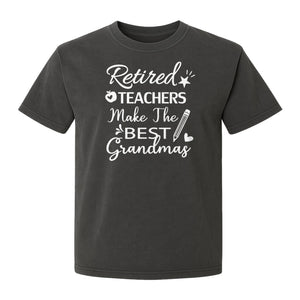 Retired Teacher Grandma Comfort Colors T-Shirt, Script Quote with Pencil and Apple Accents for Retirement Parties