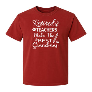 Retired Teacher Grandma Comfort Colors T-Shirt, Script Quote with Pencil and Apple Accents for Retirement Parties