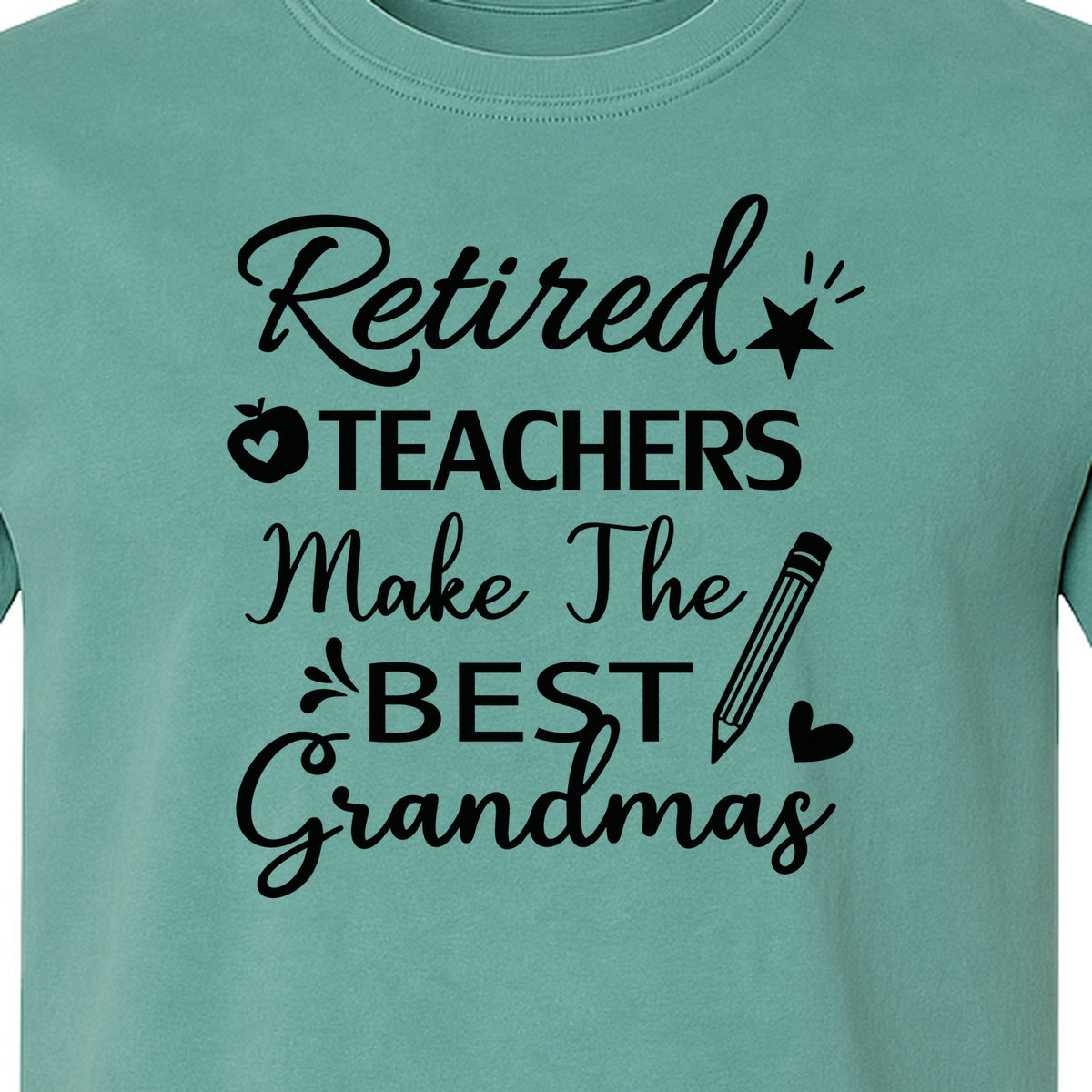 Retired Teacher Grandma Comfort Colors T-Shirt, Script Quote with Pencil and Apple Accents for Retirement Parties