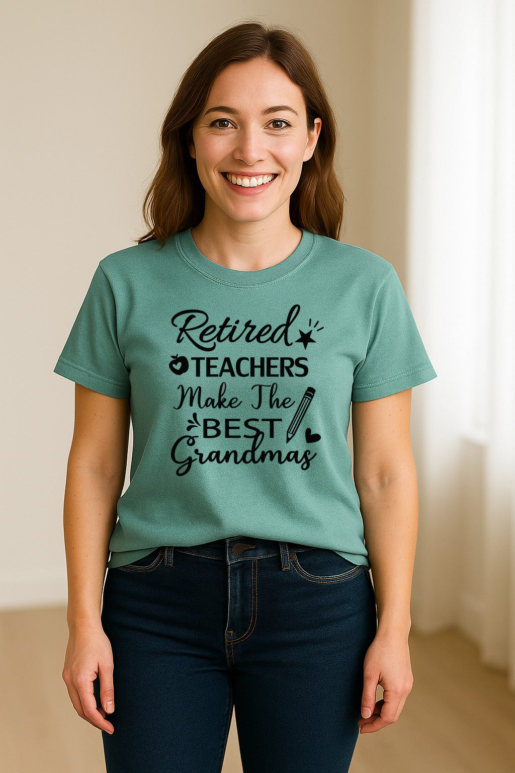 Retired Teacher Grandma Comfort Colors T-Shirt, Script Quote with Pencil and Apple Accents for Retirement Parties