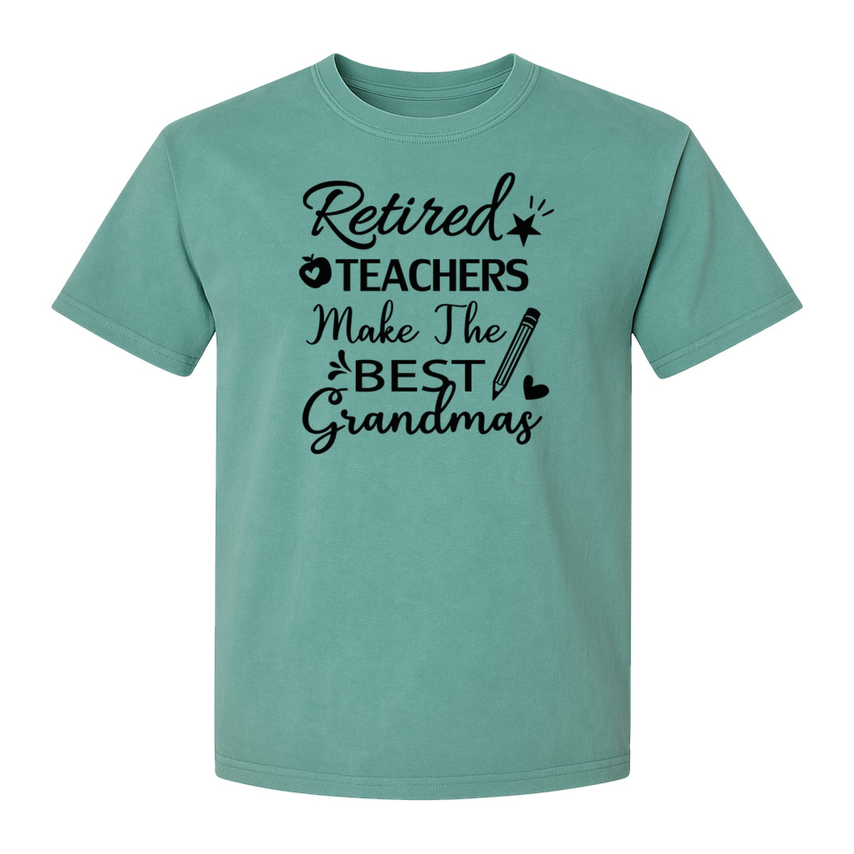Retired Teacher Grandma Comfort Colors T-Shirt, Script Quote with Pencil and Apple Accents for Retirement Parties