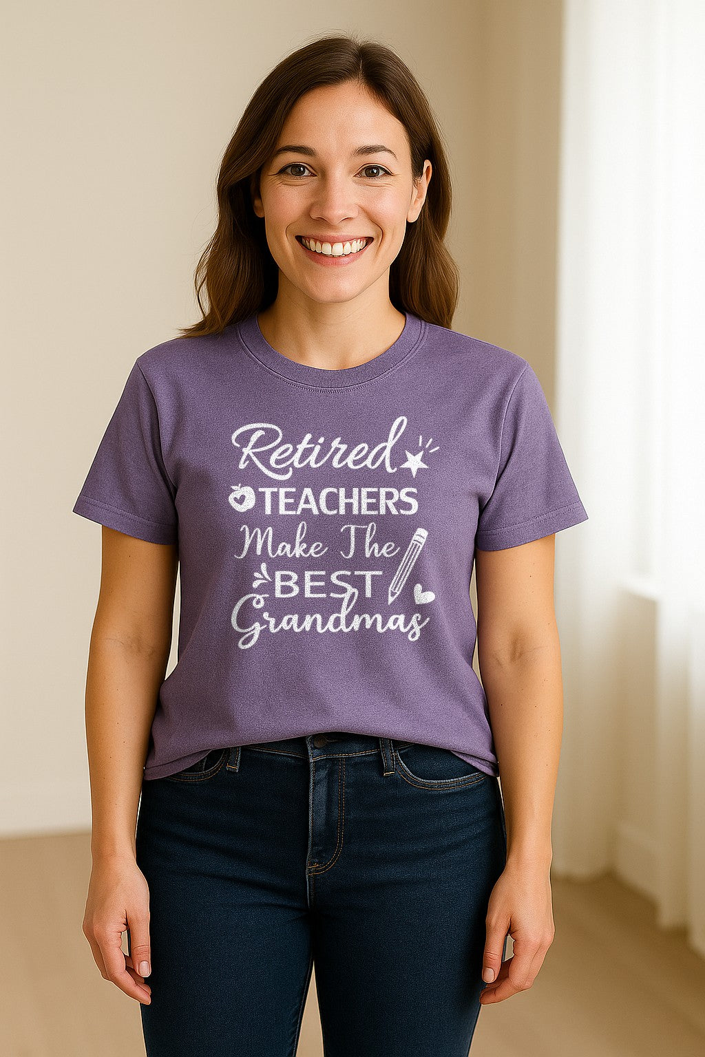 Retired Teacher Grandma Comfort Colors T-Shirt, Script Quote with Pencil and Apple Accents for Retirement Parties
