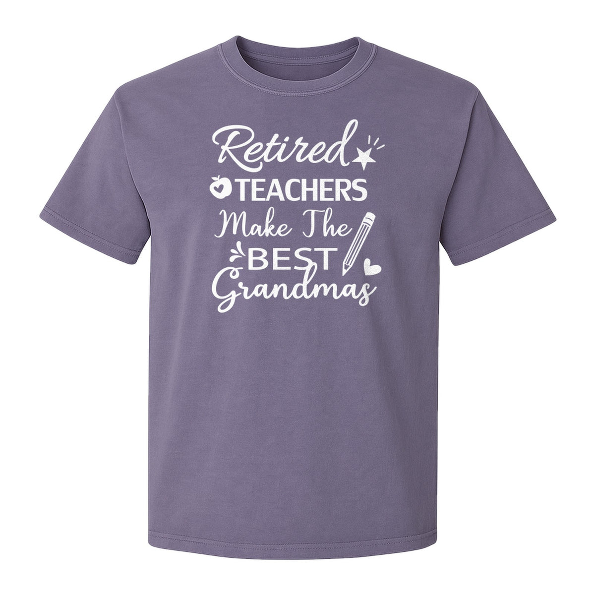 Retired Teacher Grandma Comfort Colors T-Shirt, Script Quote with Pencil and Apple Accents for Retirement Parties