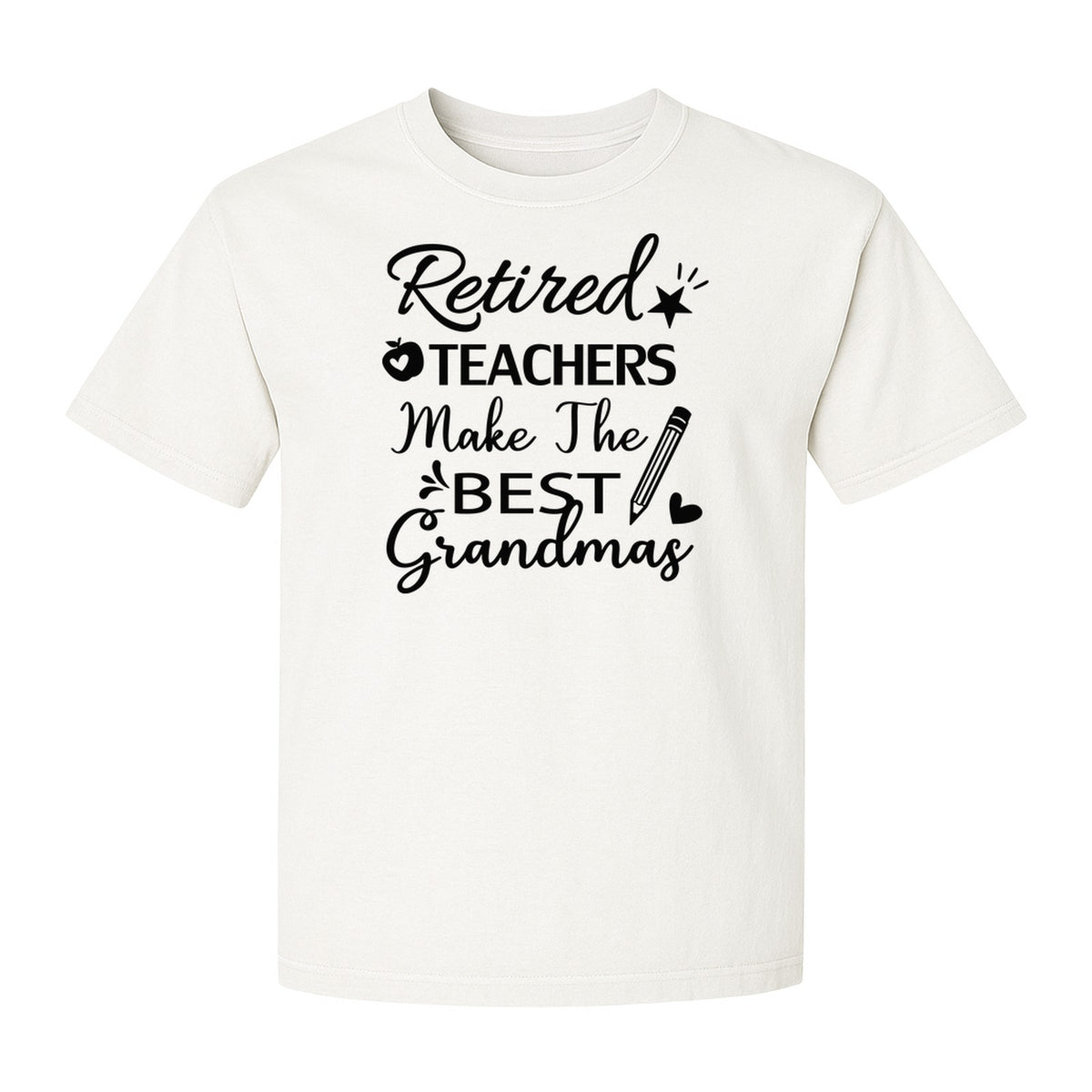 Retired Teacher Grandma Comfort Colors T-Shirt, Script Quote with Pencil and Apple Accents for Retirement Parties