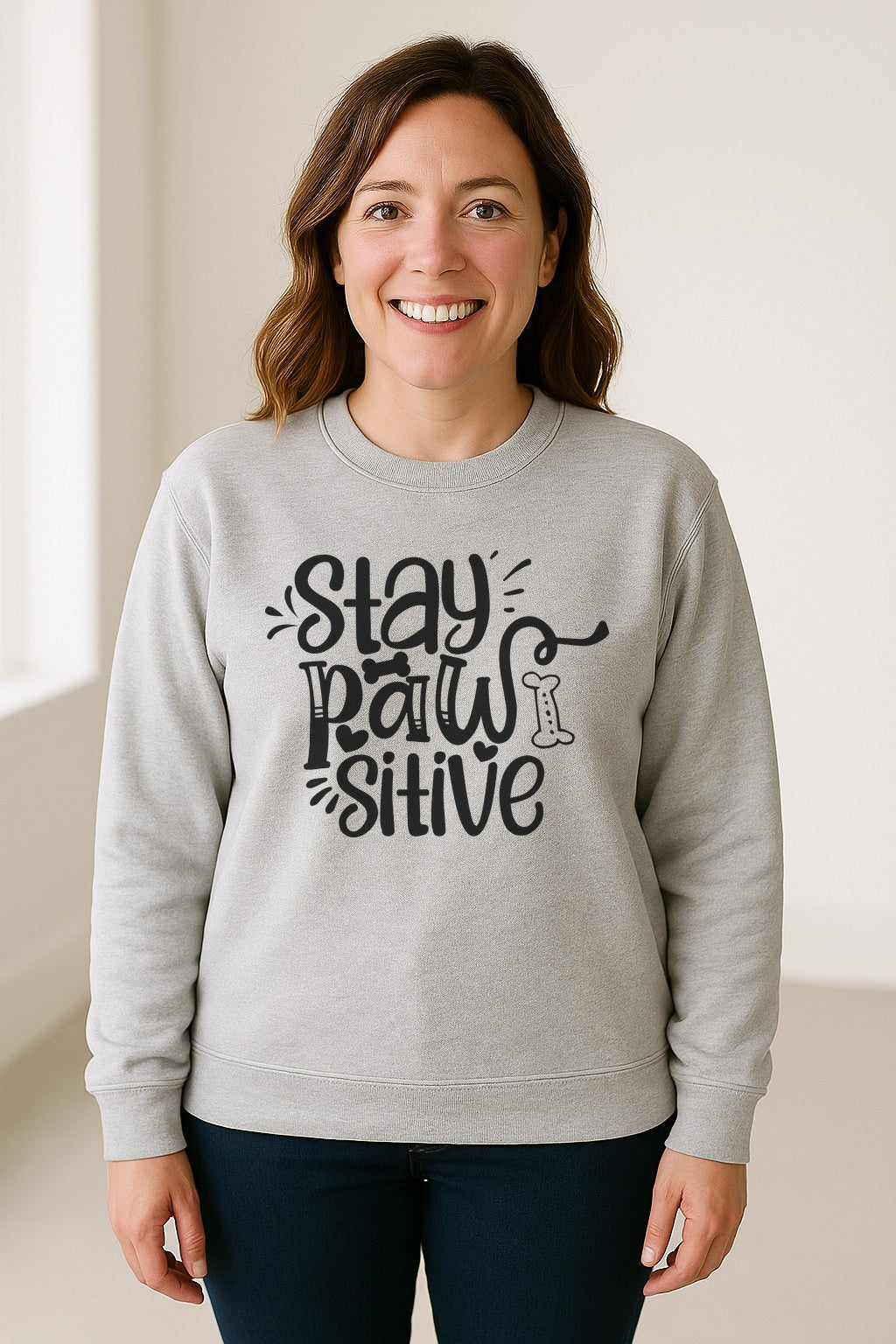 Stay Pawsitive Dog Lover Sweatshirt, Paw Print Graphic for Pet Parents and Puppy Fans