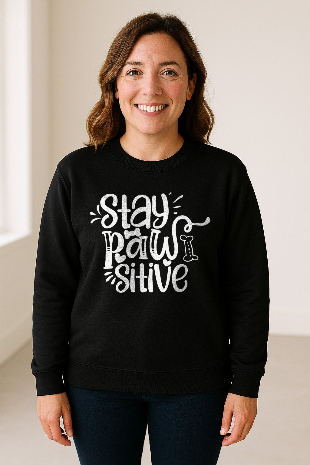 Stay Pawsitive Dog Lover Sweatshirt, Paw Print Graphic for Pet Parents and Puppy Fans