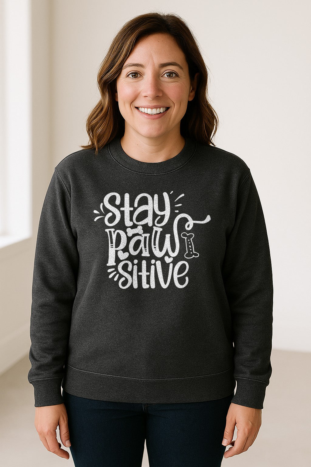 Stay Pawsitive Dog Lover Sweatshirt, Paw Print Graphic for Pet Parents and Puppy Fans