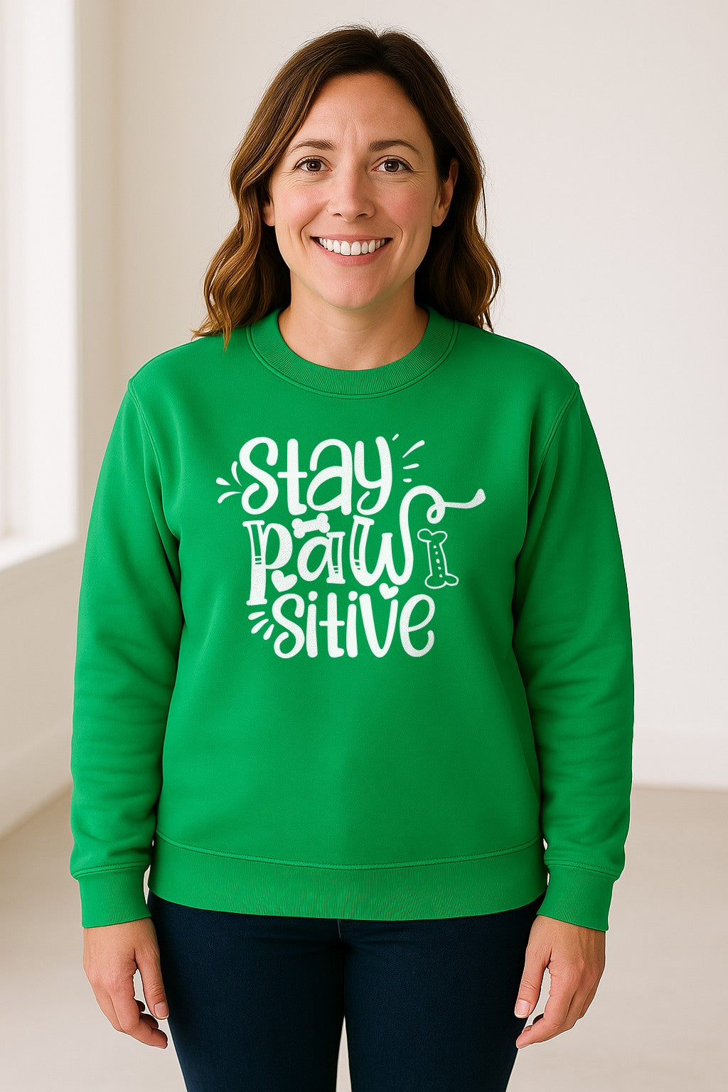 Stay Pawsitive Dog Lover Sweatshirt, Paw Print Graphic for Pet Parents and Puppy Fans