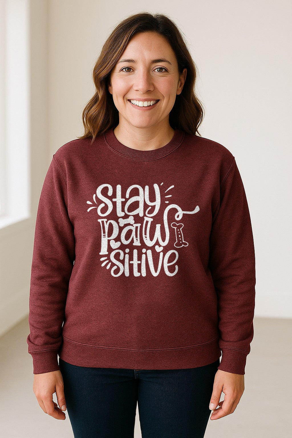 Stay Pawsitive Dog Lover Sweatshirt, Paw Print Graphic for Pet Parents and Puppy Fans