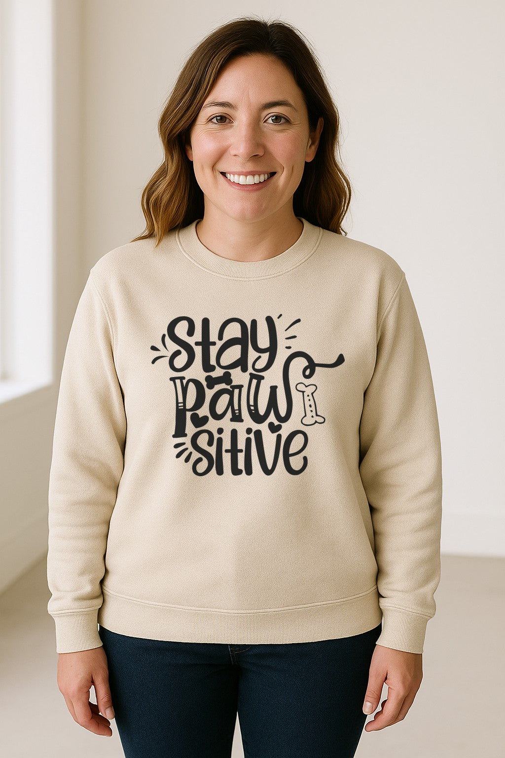Stay Pawsitive Dog Lover Sweatshirt, Paw Print Graphic for Pet Parents and Puppy Fans