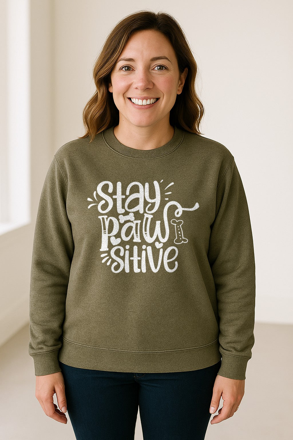 Stay Pawsitive Dog Lover Sweatshirt, Paw Print Graphic for Pet Parents and Puppy Fans
