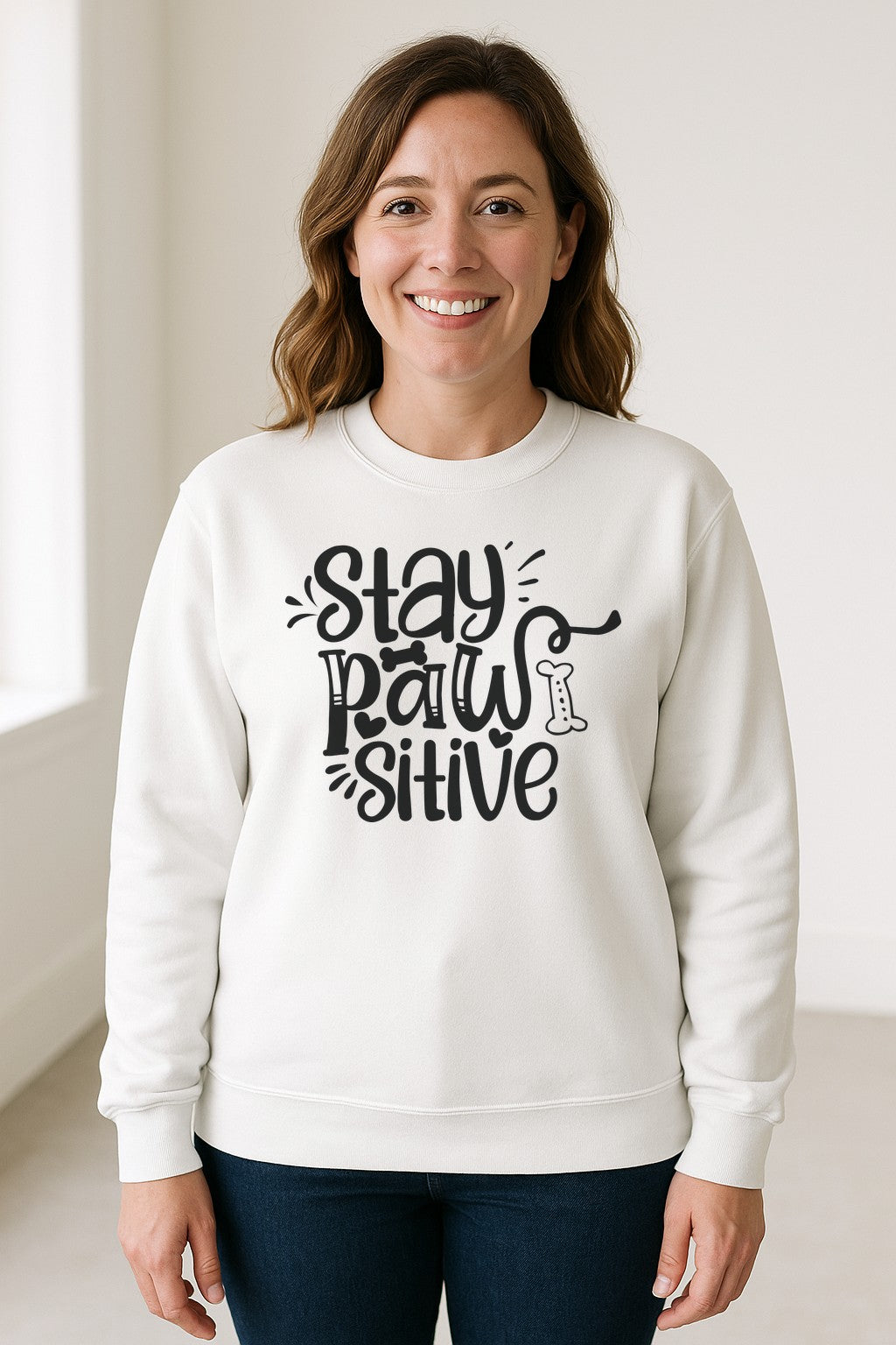 Stay Pawsitive Dog Lover Sweatshirt, Paw Print Graphic for Pet Parents and Puppy Fans