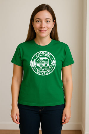 Camping Besties T-Shirt, Retro Camper Badge Design for Friends and Outdoor Adventure Trips