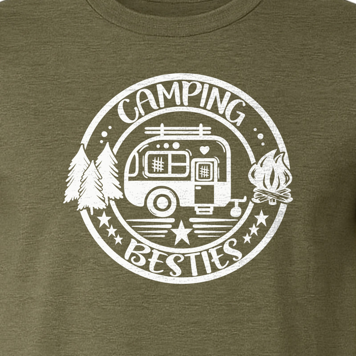 Camping Besties T-Shirt, Retro Camper Badge Design for Friends and Outdoor Adventure Trips