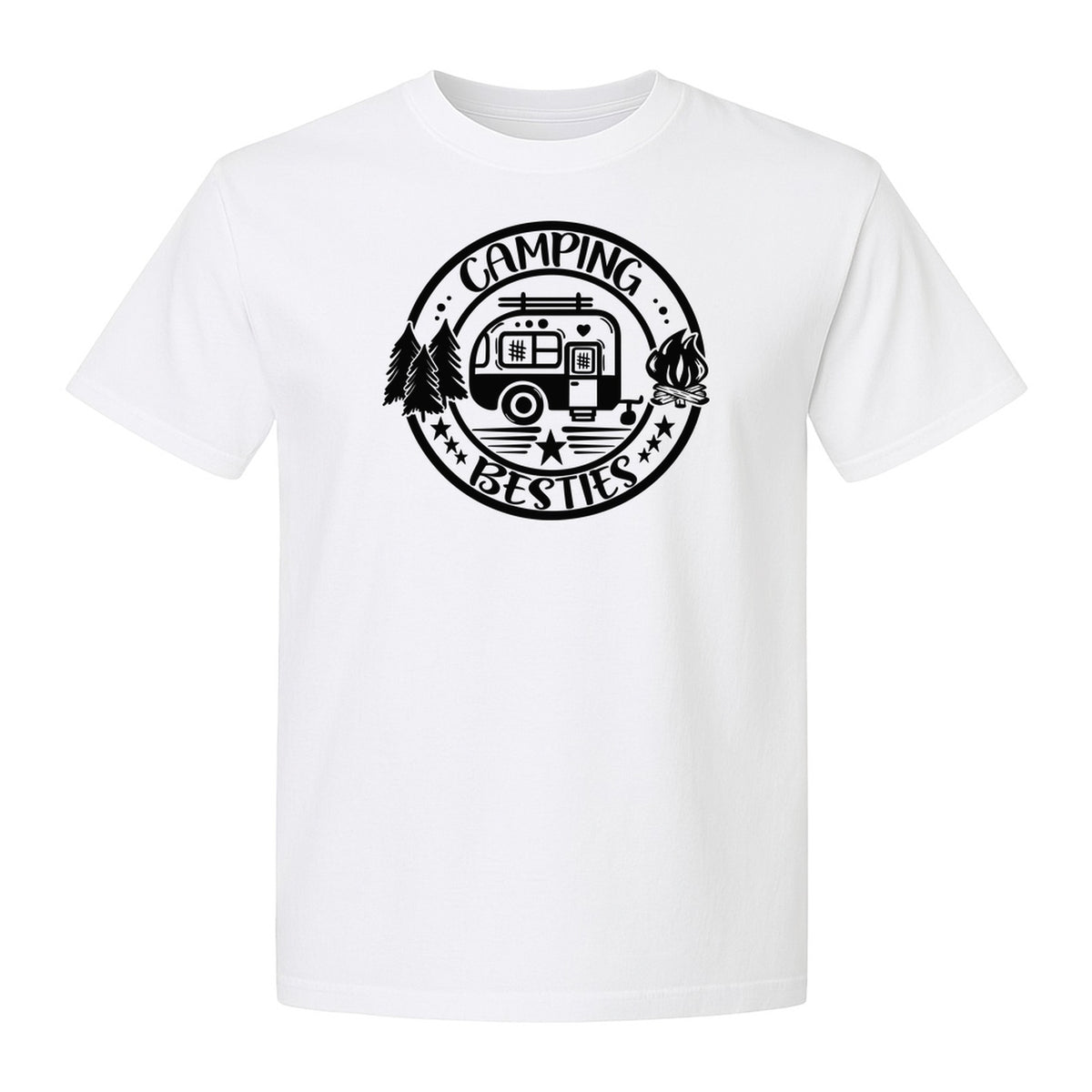 Camping Besties T-Shirt, Retro Camper Badge Design for Friends and Outdoor Adventure Trips