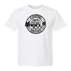 Camping Besties T-Shirt, Retro Camper Badge Design for Friends and Outdoor Adventure Trips