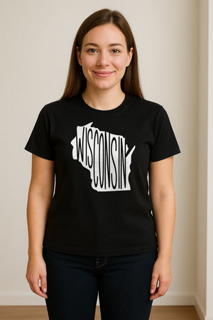 Wisconsin T-Shirt, State Outline Map Graphic for Midwest Residents and Road Trip Souvenirs