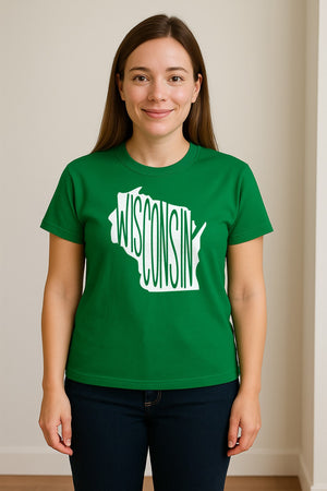 Wisconsin T-Shirt, State Outline Map Graphic for Midwest Residents and Road Trip Souvenirs