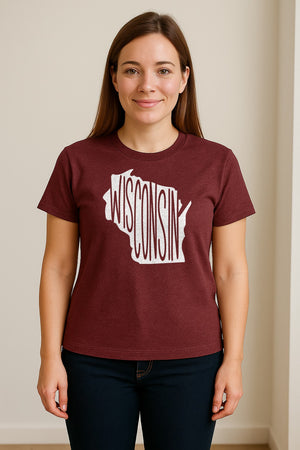 Wisconsin T-Shirt, State Outline Map Graphic for Midwest Residents and Road Trip Souvenirs