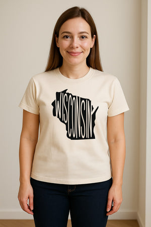 Wisconsin T-Shirt, State Outline Map Graphic for Midwest Residents and Road Trip Souvenirs