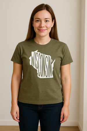 Wisconsin T-Shirt, State Outline Map Graphic for Midwest Residents and Road Trip Souvenirs