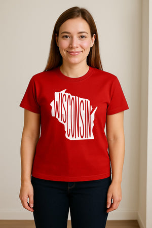 Wisconsin T-Shirt, State Outline Map Graphic for Midwest Residents and Road Trip Souvenirs