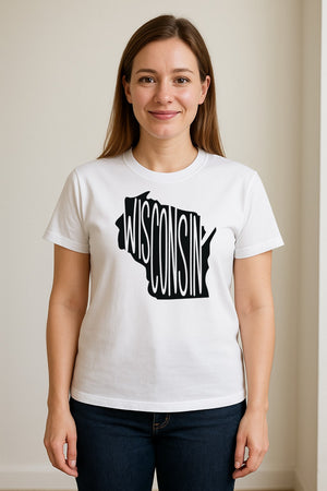 Wisconsin T-Shirt, State Outline Map Graphic for Midwest Residents and Road Trip Souvenirs