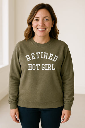 Retired Hot Girl Sweatshirt, Collegiate Lettering Bachelorette Party Crewneck for Brides