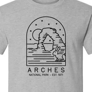 Arches National Park T-Shirt, Desert Arch and Rabbit Graphic for Utah Hiking Trips