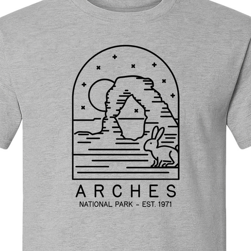 Arches National Park T-Shirt, Desert Arch and Rabbit Graphic for Utah Hiking Trips