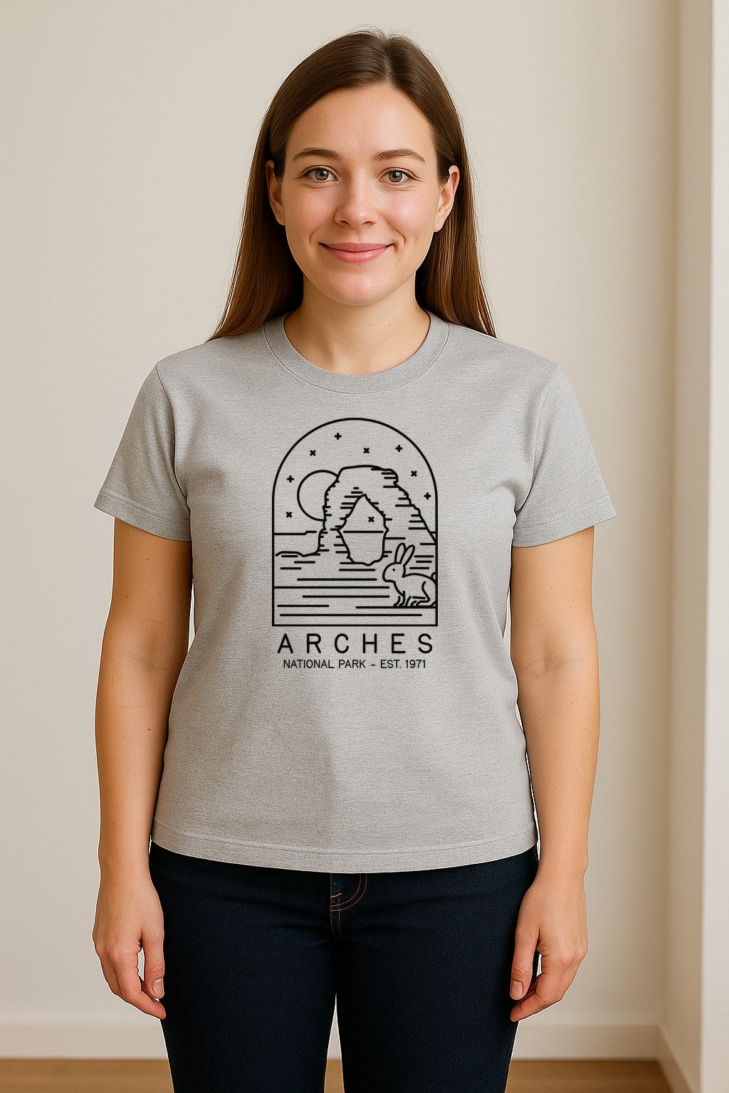 Arches National Park T-Shirt, Desert Arch and Rabbit Graphic for Utah Hiking Trips