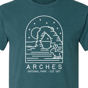 Arches National Park T-Shirt, Desert Arch and Rabbit Graphic for Utah Hiking Trips
