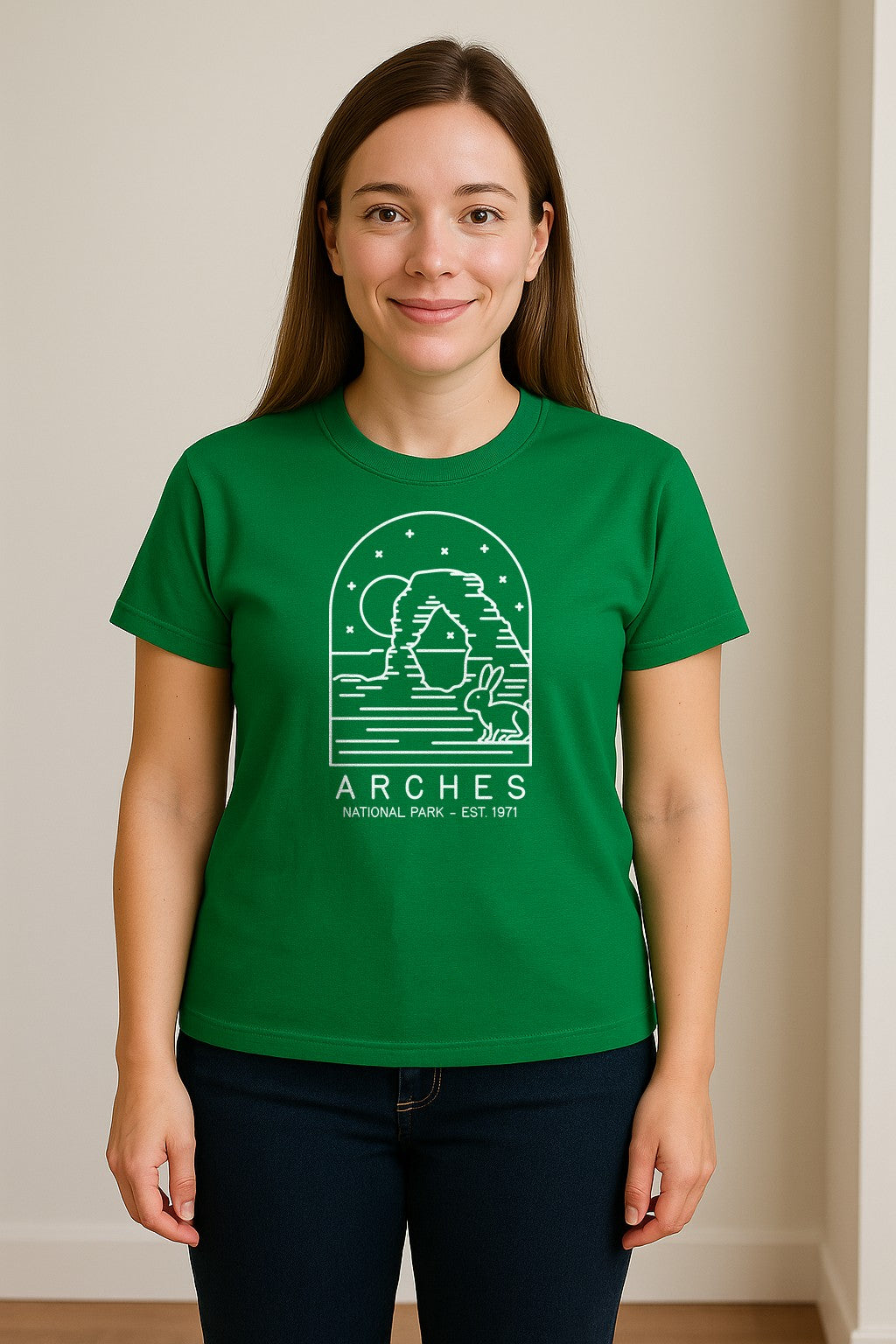 Arches National Park T-Shirt, Desert Arch and Rabbit Graphic for Utah Hiking Trips