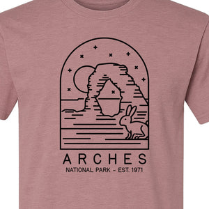 Arches National Park T-Shirt, Desert Arch and Rabbit Graphic for Utah Hiking Trips