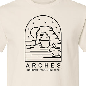 Arches National Park T-Shirt, Desert Arch and Rabbit Graphic for Utah Hiking Trips