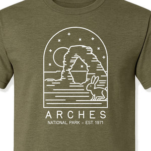 Arches National Park T-Shirt, Desert Arch and Rabbit Graphic for Utah Hiking Trips