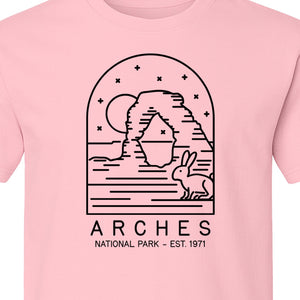 Arches National Park T-Shirt, Desert Arch and Rabbit Graphic for Utah Hiking Trips