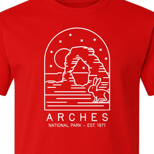 Arches National Park T-Shirt, Desert Arch and Rabbit Graphic for Utah Hiking Trips