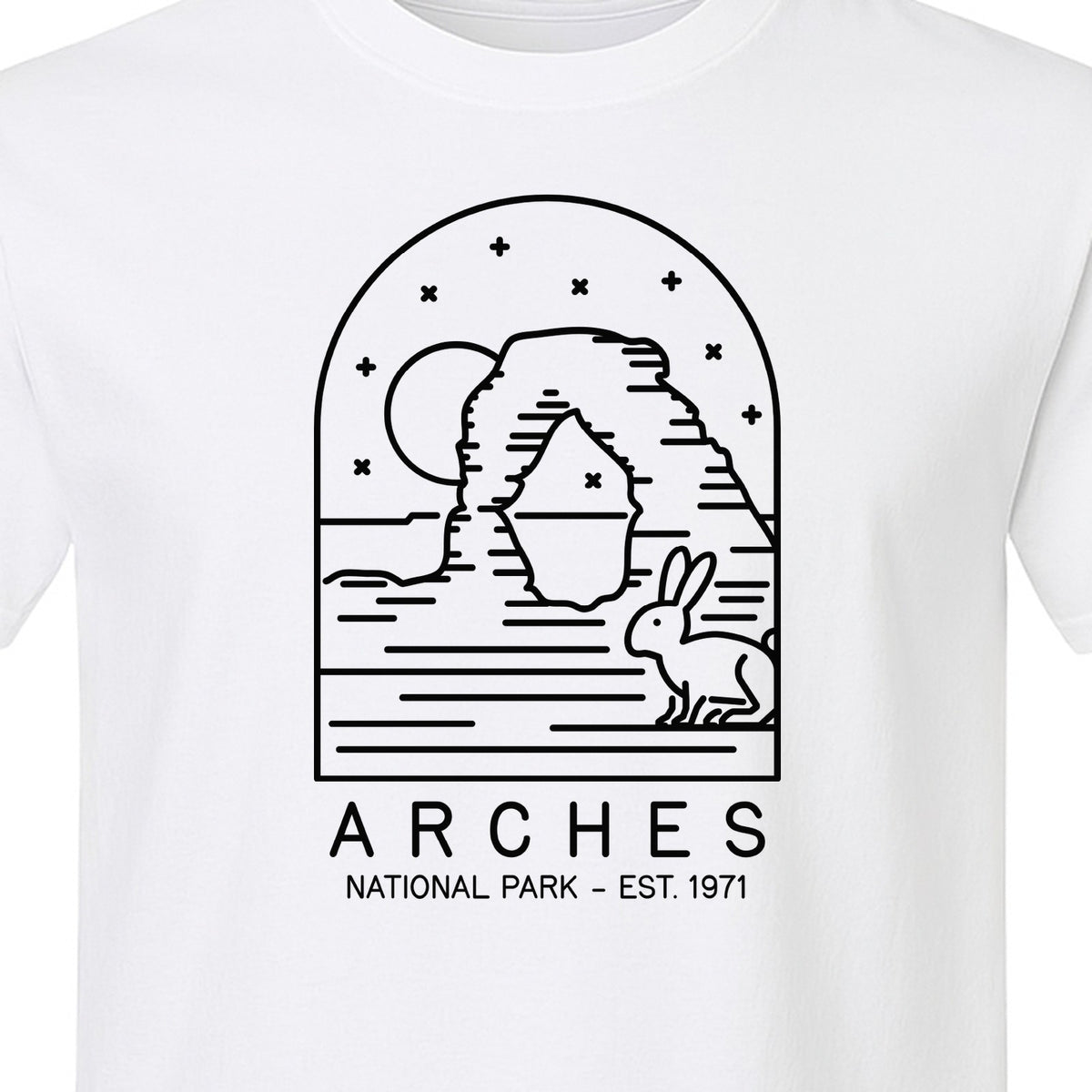 Arches National Park T-Shirt, Desert Arch and Rabbit Graphic for Utah Hiking Trips