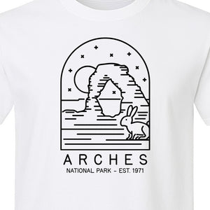 Arches National Park T-Shirt, Desert Arch and Rabbit Graphic for Utah Hiking Trips