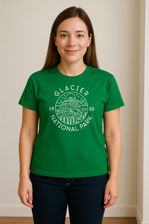 Glacier National Park T-Shirt, 1910 Mountain Landscape Design for Hiking and Camping Fans