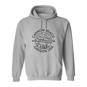 Cannon Beach Oregon Hoodie - Coastal Landscape Line Art Pullover with Sea Stack for Summer Trips and Travel