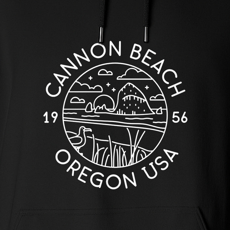 Cannon Beach Oregon Hoodie - Coastal Landscape Line Art Pullover with Sea Stack for Summer Trips and Travel