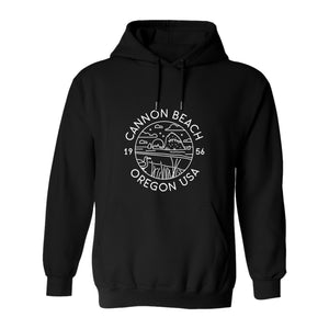 Cannon Beach Oregon Hoodie - Coastal Landscape Line Art Pullover with Sea Stack for Summer Trips and Travel