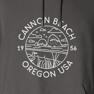 Cannon Beach Oregon Hoodie - Coastal Landscape Line Art Pullover with Sea Stack for Summer Trips and Travel